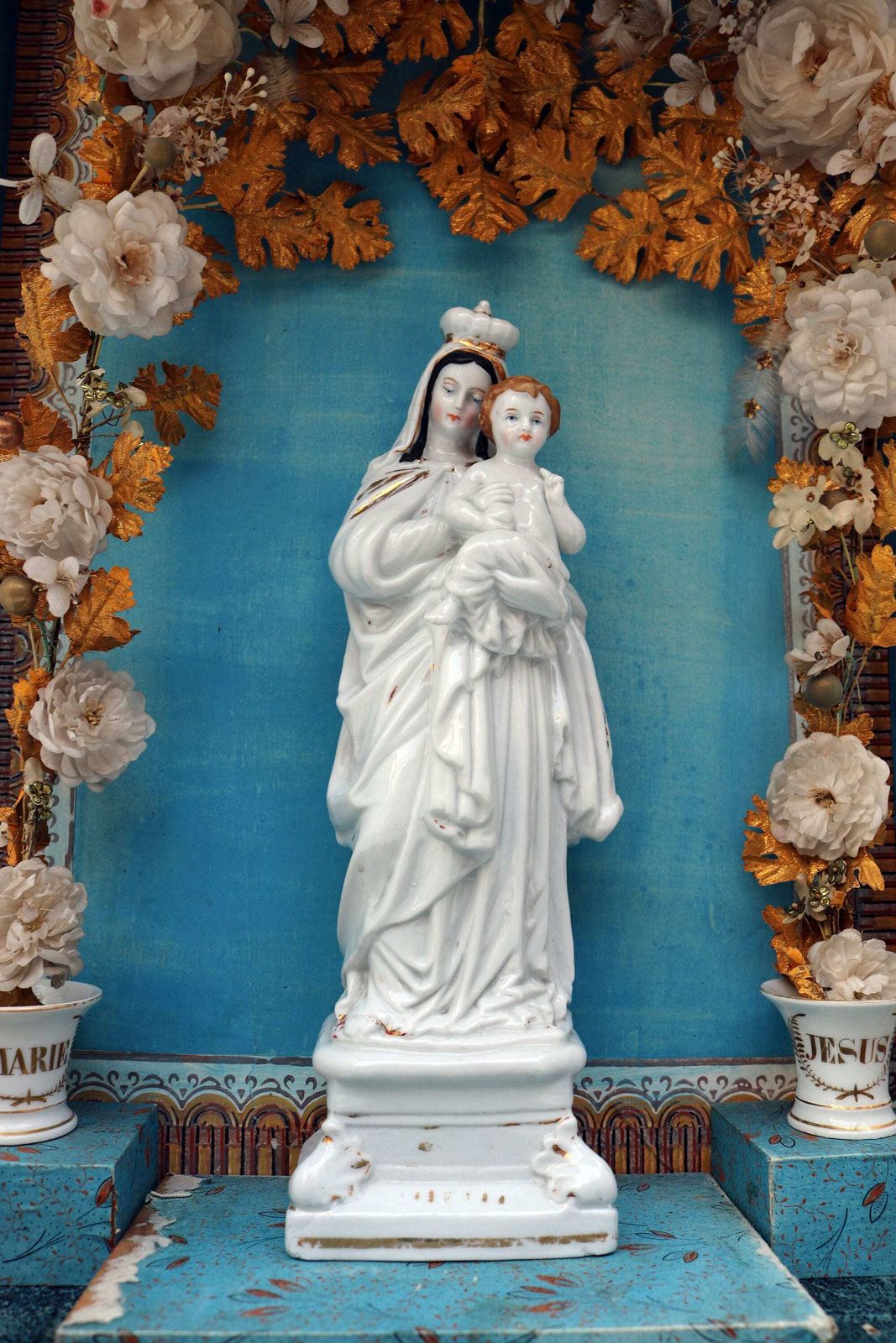 19th Century Display Cabinet Shrine Virgin Mary In Porcelain Flowers In Porcelain Vase 1800  1900 photo furniture