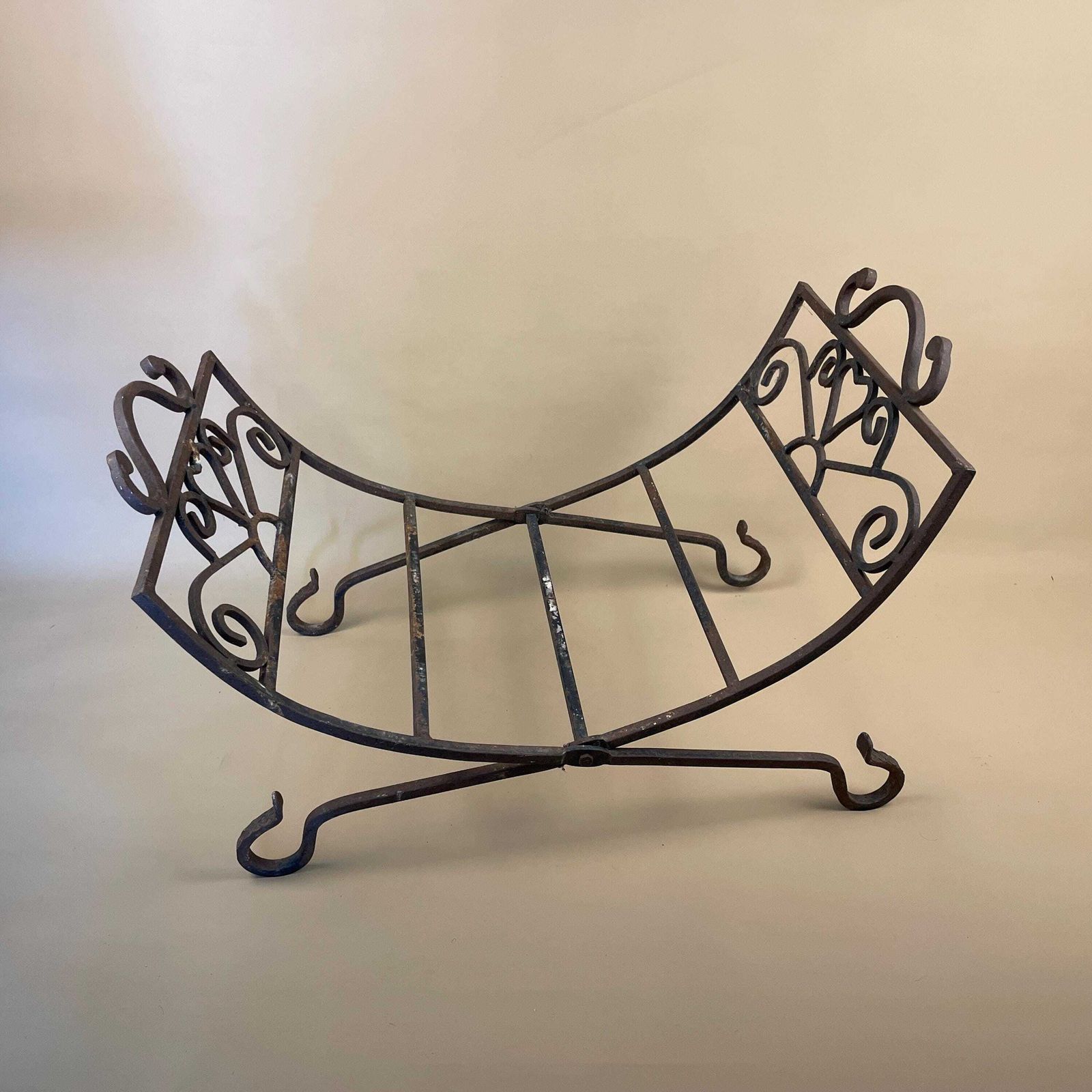 Antique Log Rack Storage Holder Fold Out Black Metal Wood Display Fireplace Vintage