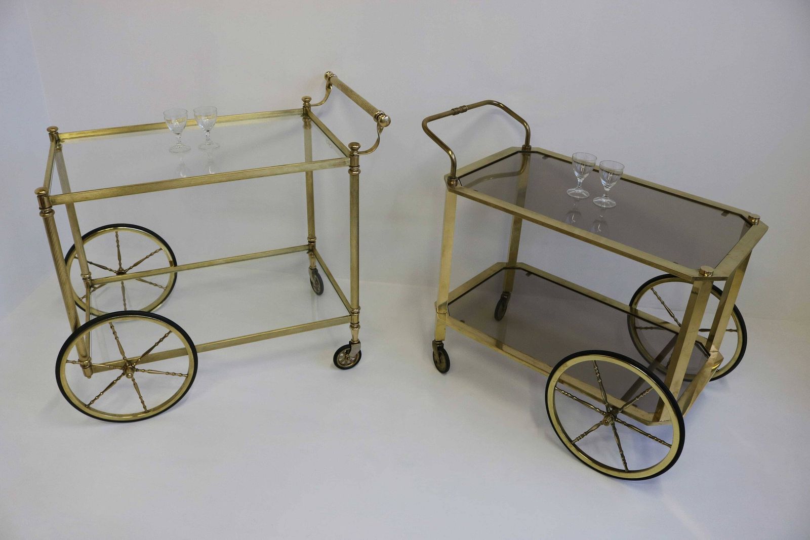 photo for sale Mid Century Bar Cart Brass Serving Trolley Cocktail Entertainment Beverages Tea Cart Clear Glass Hollywood Regency 1960s