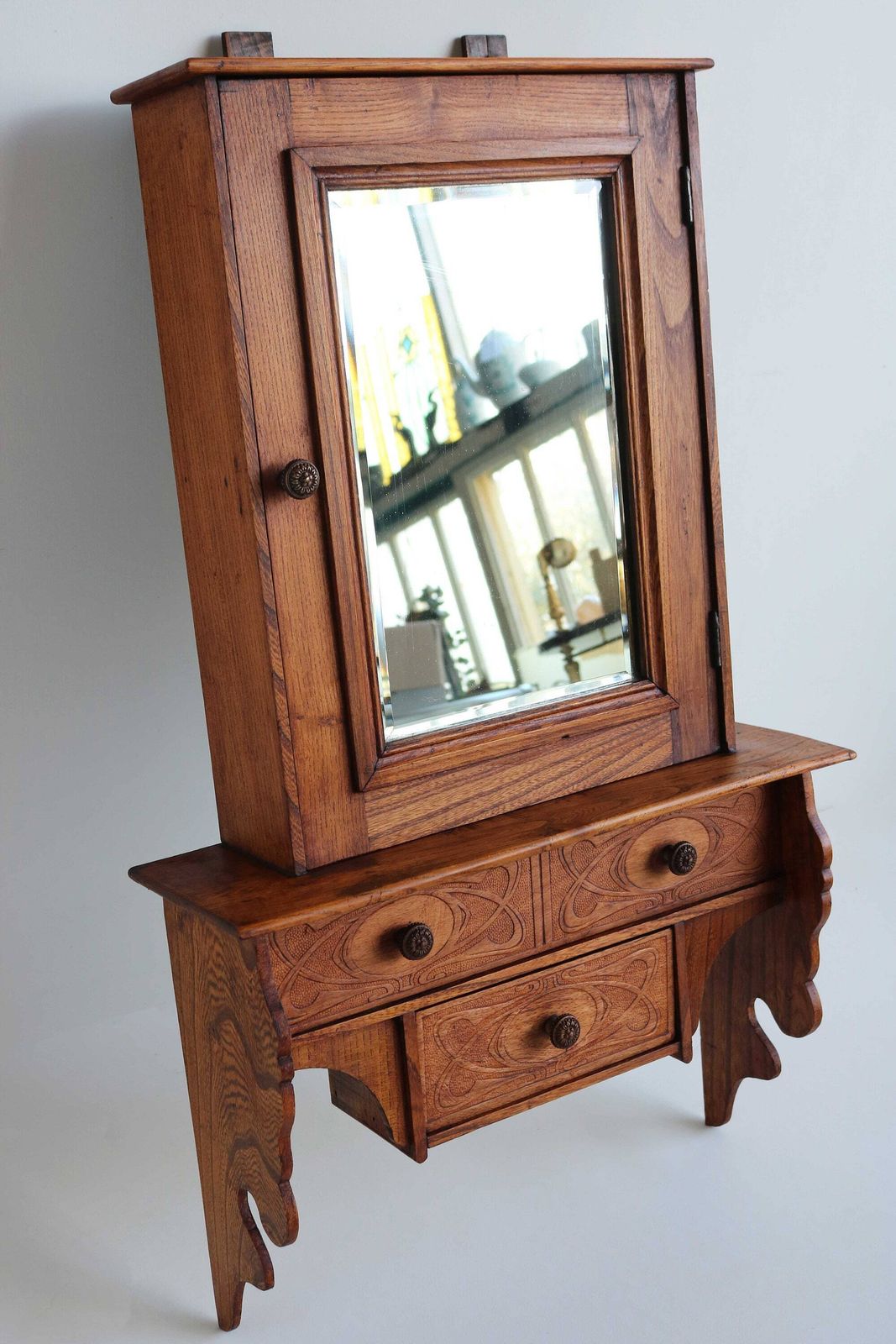 Antique Art Nouveau Wooden Medicine Bathroom Kitchen Cabinet Beveled Mirror Small Wall Cabinet Apothecary Drawer Cabinet 1900  1910 photo 1281.0
