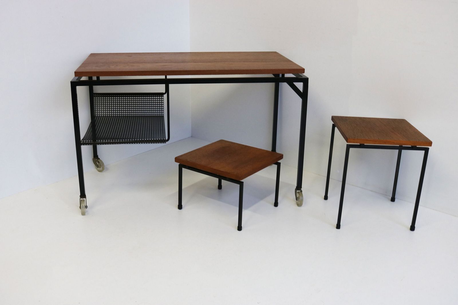 Mid Century Teak Metal Nestingtables Minimalistic Perforated Iron Sidetables Magazine Table Retro 1960 Design Cees Braakman Pastoe Style photo for sale
