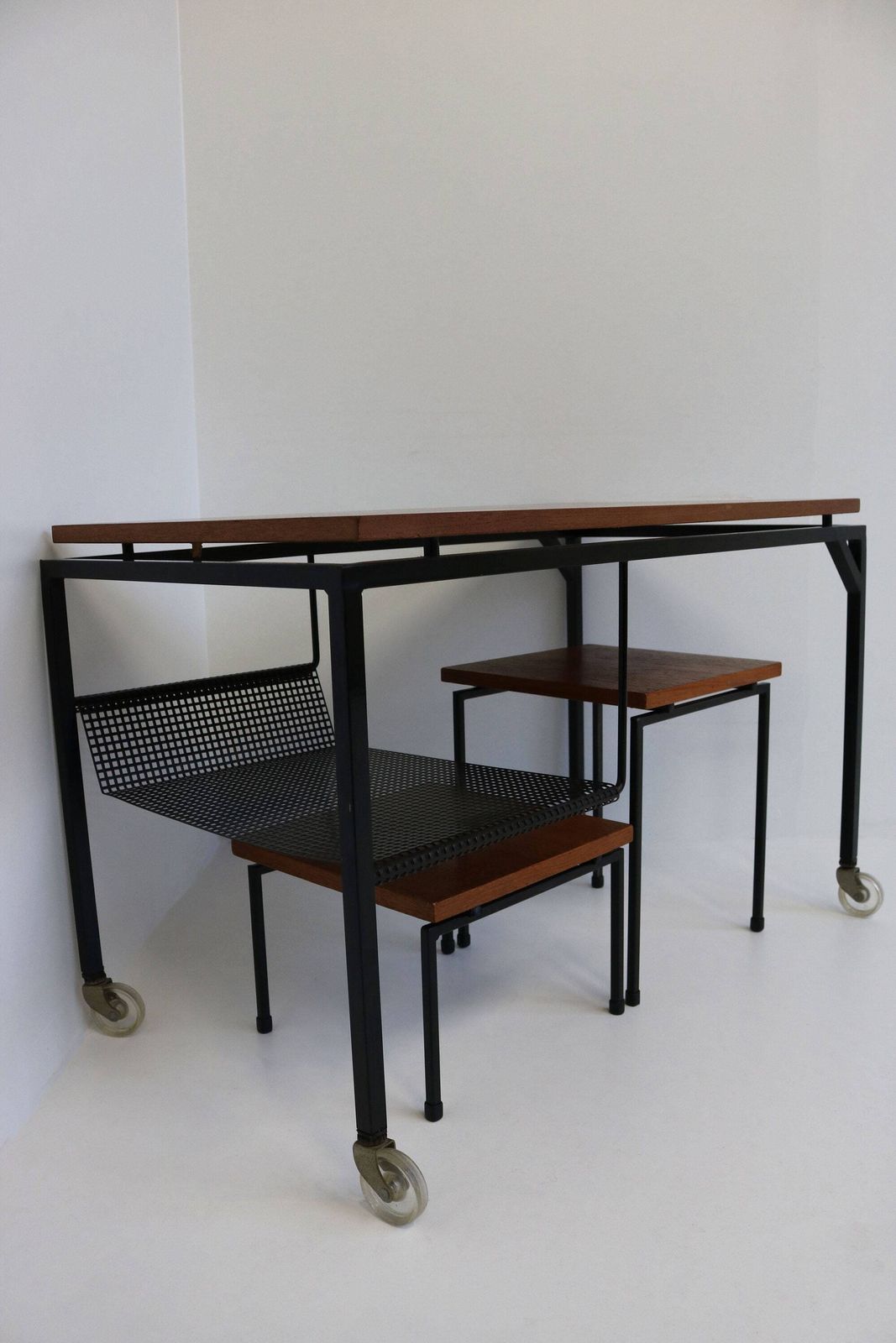 Mid Century Teak Metal Nestingtables Minimalistic Perforated Iron Sidetables Magazine Table Retro 1960 Design Cees Braakman Pastoe Style photo 759.0