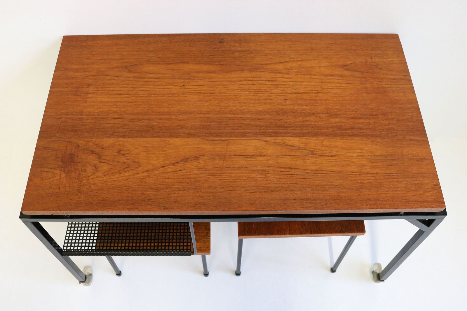 Mid Century Teak Metal Nestingtables Minimalistic Perforated Iron Sidetables Magazine Table Retro 1960 Design Cees Braakman Pastoe Style photo vintage