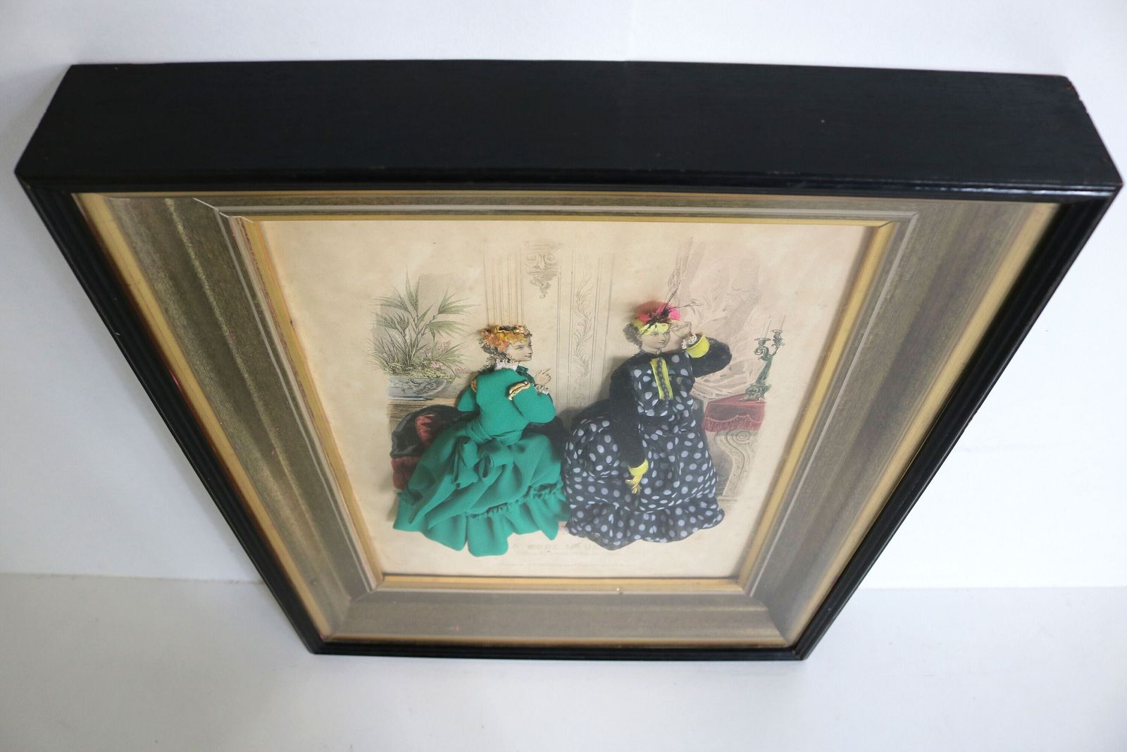 Decorative Antique French La Mode Illustree Paris Fabric Embellished Victorian 3d Shadow Box Dress Fashion Print Ladies Romantic Scenery photo for sale