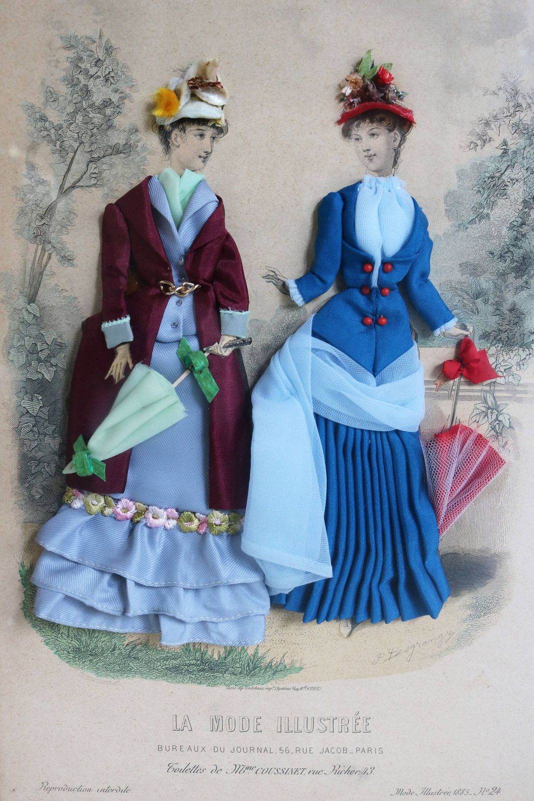 Decoratieve Antieke Franse La Mode Illustree Paris Schaduwdoos Met Stof – Victoriaans 3d Modeprint Met Dames, Romantisch photo Kunst