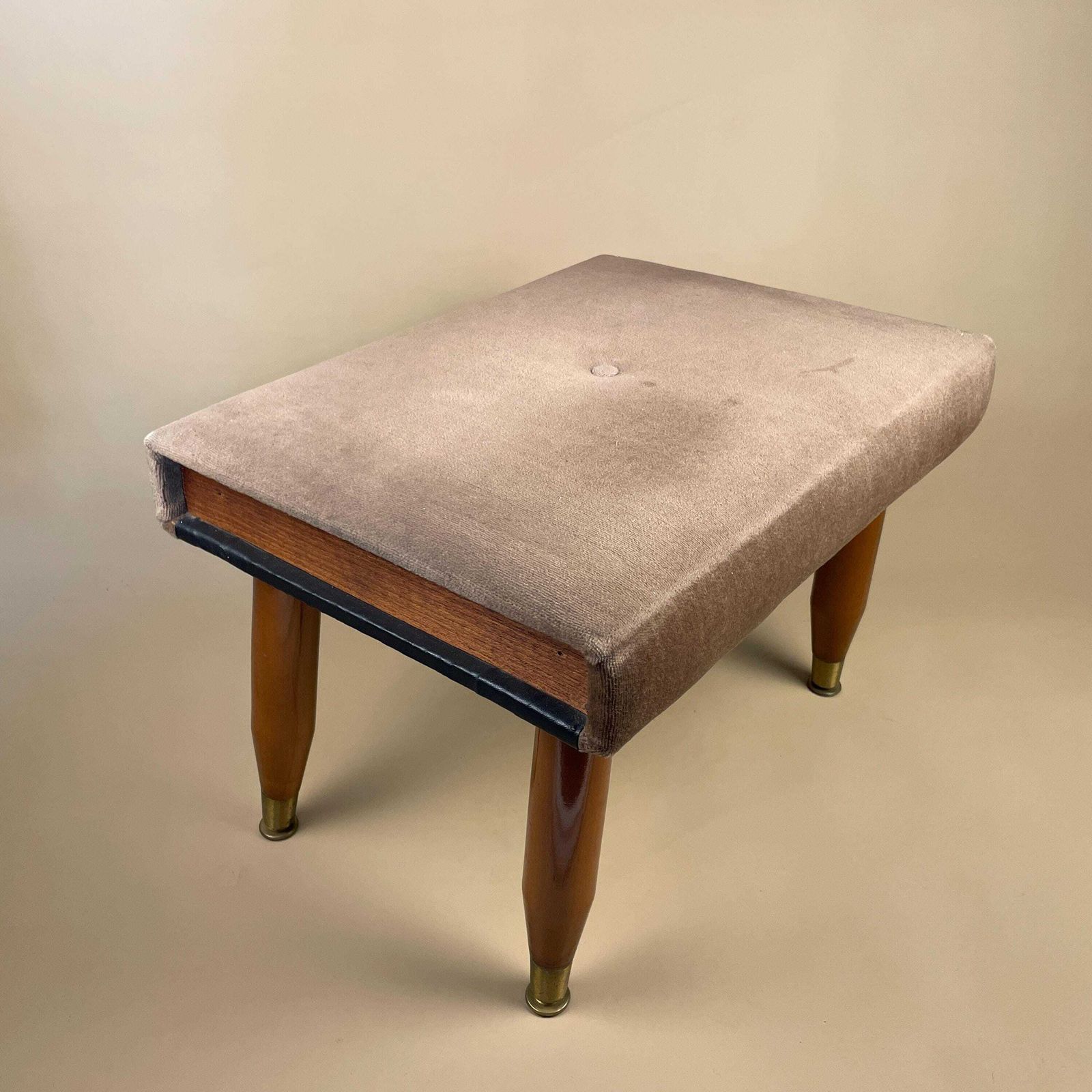 Antique Velvet Wooden Stool Wood Cottage Furniture Rectangle Taupe Hallway Farmhouse Seat 33x47x36cm Footstool Foot Retro Pin Legs photo furniture