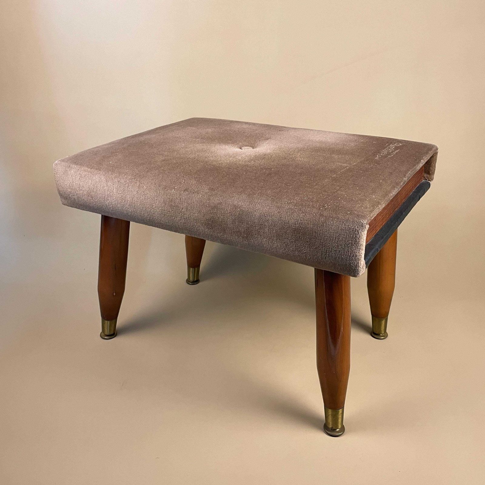 Antique Velvet Wooden Stool Wood Cottage Furniture Rectangle Taupe Hallway Farmhouse Seat 33x47x36cm Footstool Foot Retro Pin Legs photo for sale