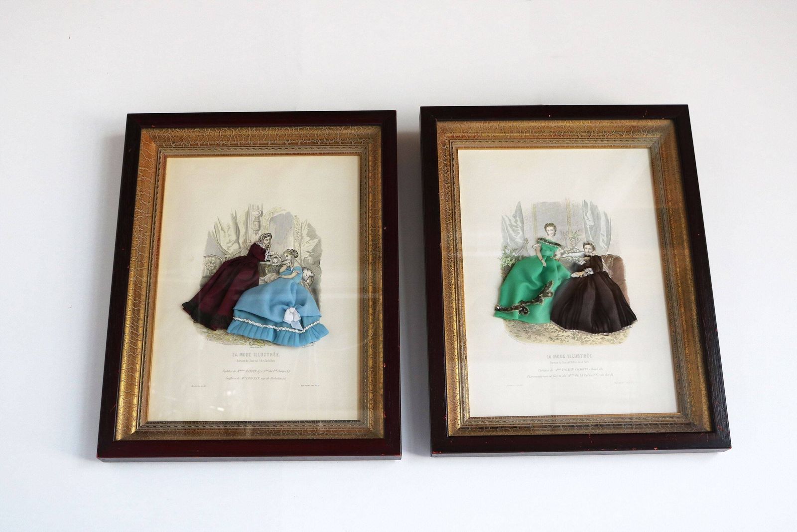 Couple Of Decorative Antique French La Mode Illustree Paris Fabric Embellished Victorian 3d Shadow Box Dress Fashion Print Ladies Romantic