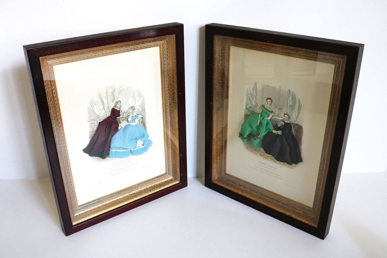 Couple Of Decorative Antique French La Mode Illustree Paris Fabric Embellished Victorian 3d Shadow Box Dress Fashion Print Ladies Romantic photo 445.0