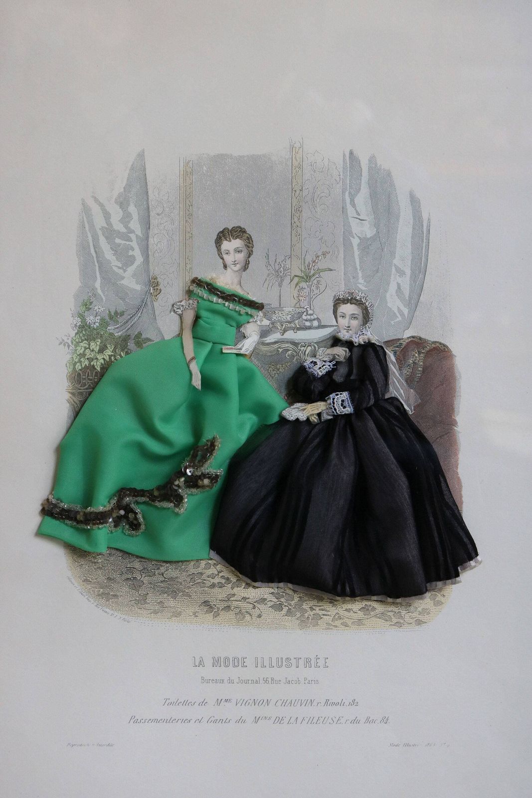 Stel Decoratieve Antieke Franse La Mode Illustree Parijs Stof Versierde Victoriaanse 3d Shadow Box Jurk Mode Print Dames Romantisch photo vinterior