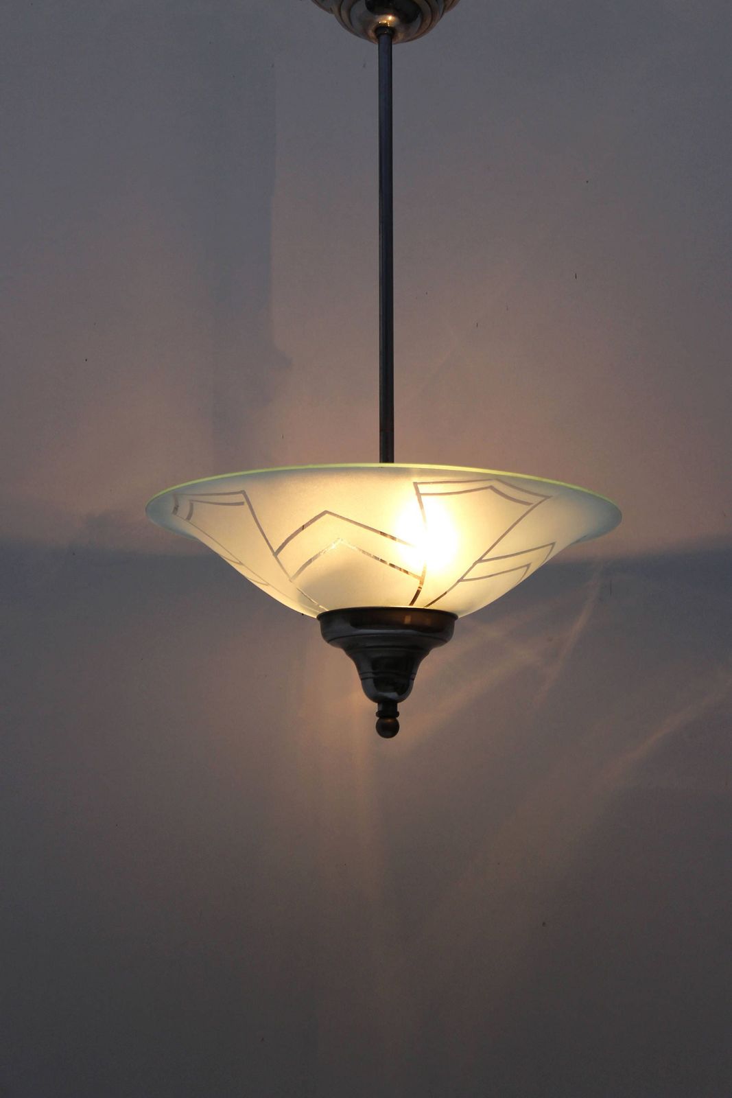 Authentic Chrome Artdeco Pendant Art Deco Iridescent Ice Glass Shade 1920 Frosted Ceiling Light Chandelier Lamp Mat 1930 Design Chrome photo for sale