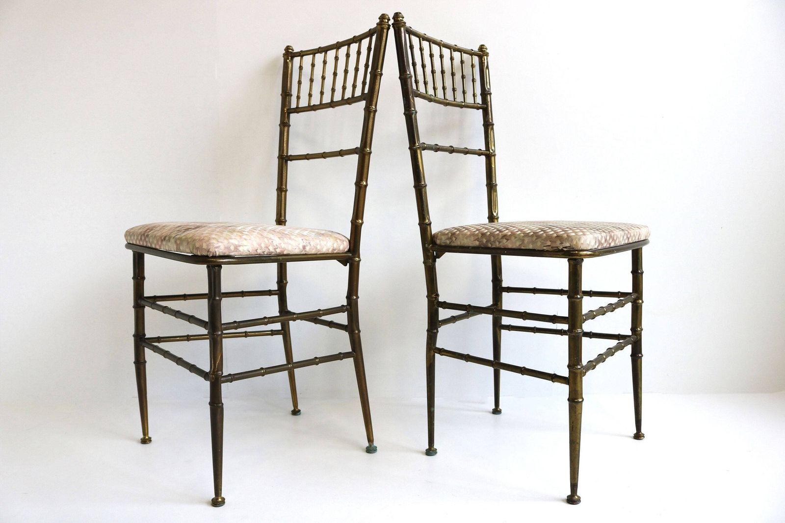 Set Of Two Chiavari Chairs Casted Brass Faux Bamboo Chairs Gilt Iron Couple Pair Bedroom Side Chairs Italian Mid Century Modern 50s