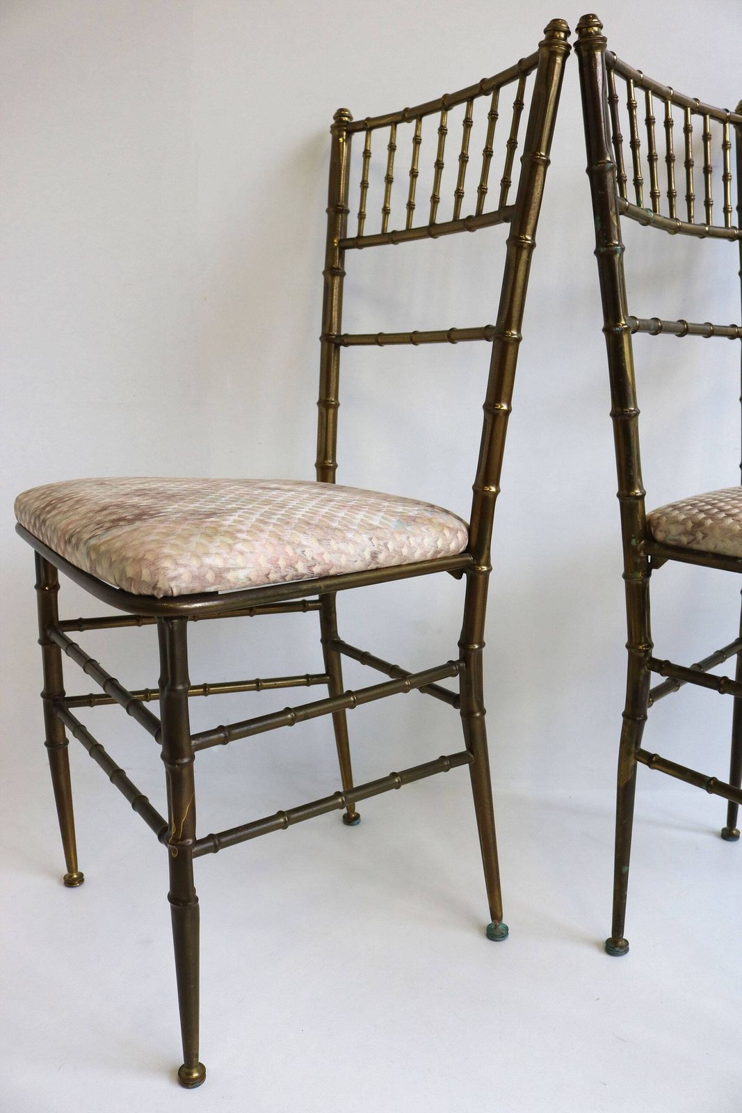 Set Of Two Chiavari Chairs Casted Brass Faux Bamboo Chairs Gilt Iron Couple Pair Bedroom Side Chairs Italian Mid Century Modern 50s photo vintage
