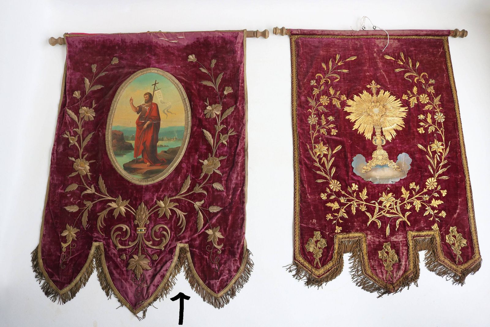 photo for sale Antique Religious Hand Embroidered Fabric Church Banner Of Saint John The Baptist ‘Ecce Agnus Dei’ Old Procession Altar Victorian Flag 1800s