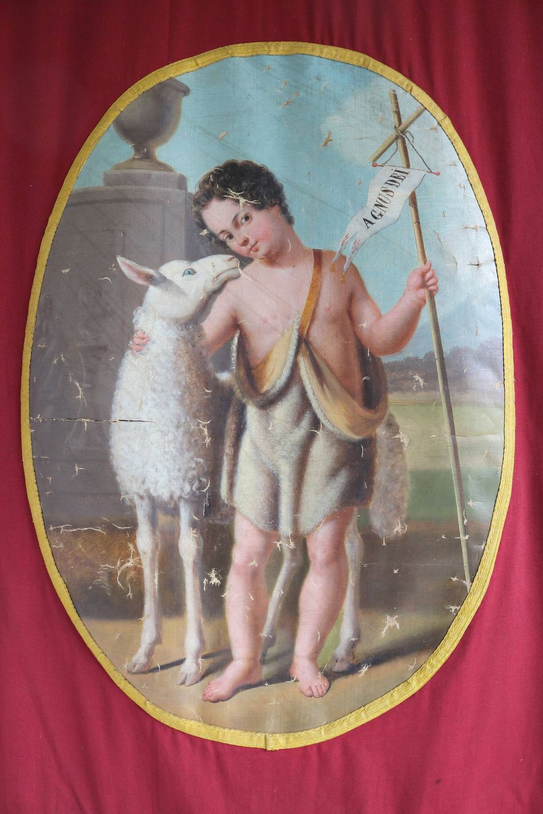 Double Flag Of St. Eligius And Lamb Of God Little Jesus Agnus Dei Antique Fabric Church Banner Eloi Eloy Hand Painted Procession / Altar photo Textiles