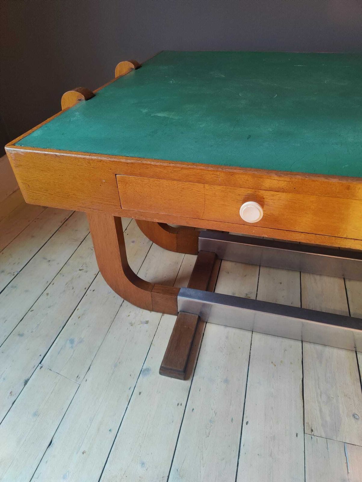 Art Deco Mid Century Desk, Oak And Green Vinyl, Unusual And Elegant photo Furniture