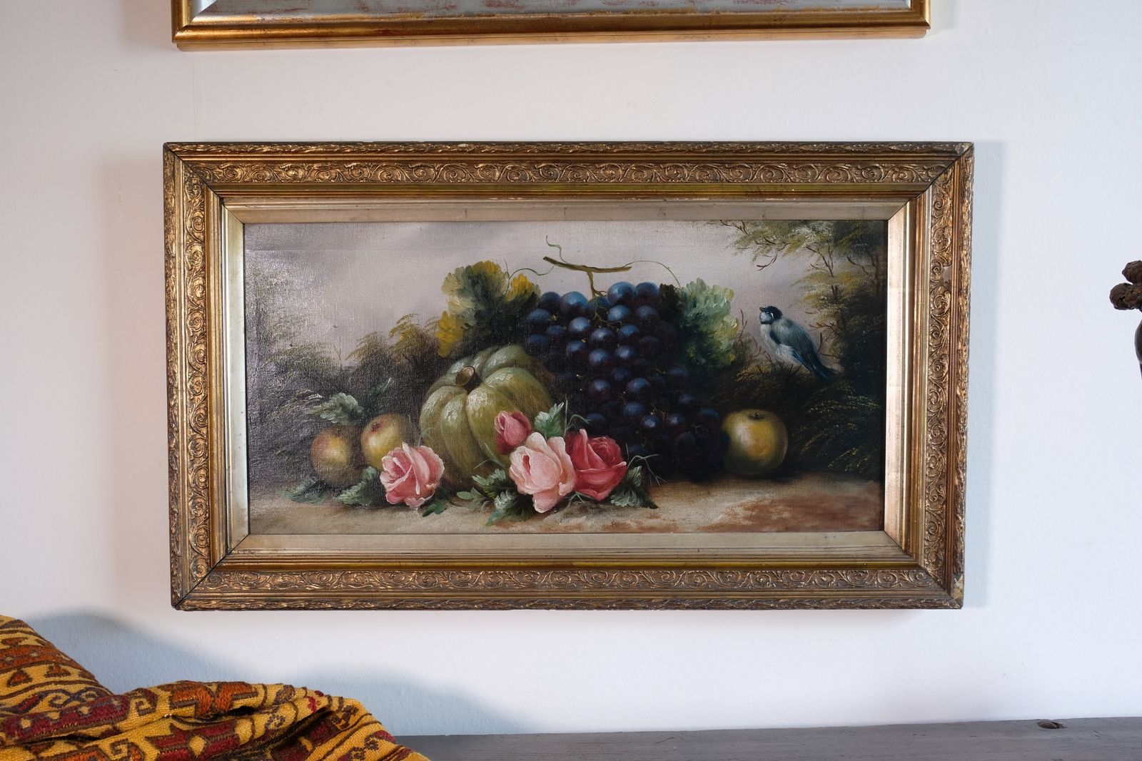 Still Life Oil Painting Of Fruit Flowers And A Blue Tit   Circa 1880s photo furniture