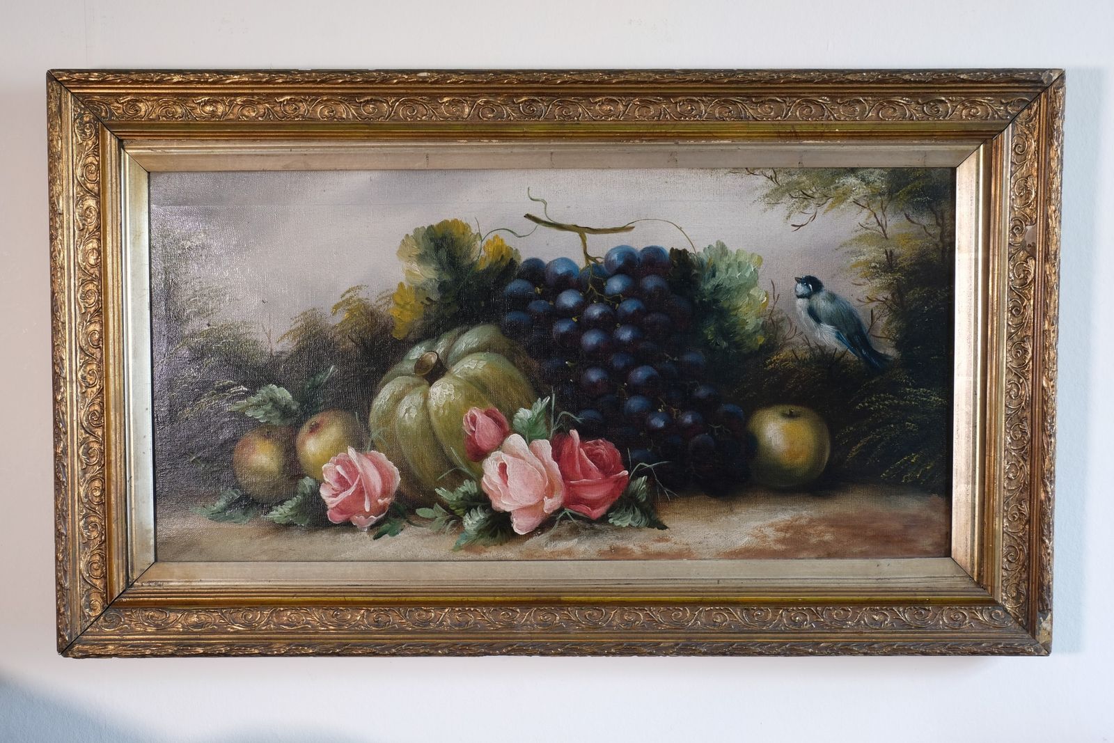 Still Life Oil Painting Of Fruit Flowers And A Blue Tit   Circa 1880s photo for sale