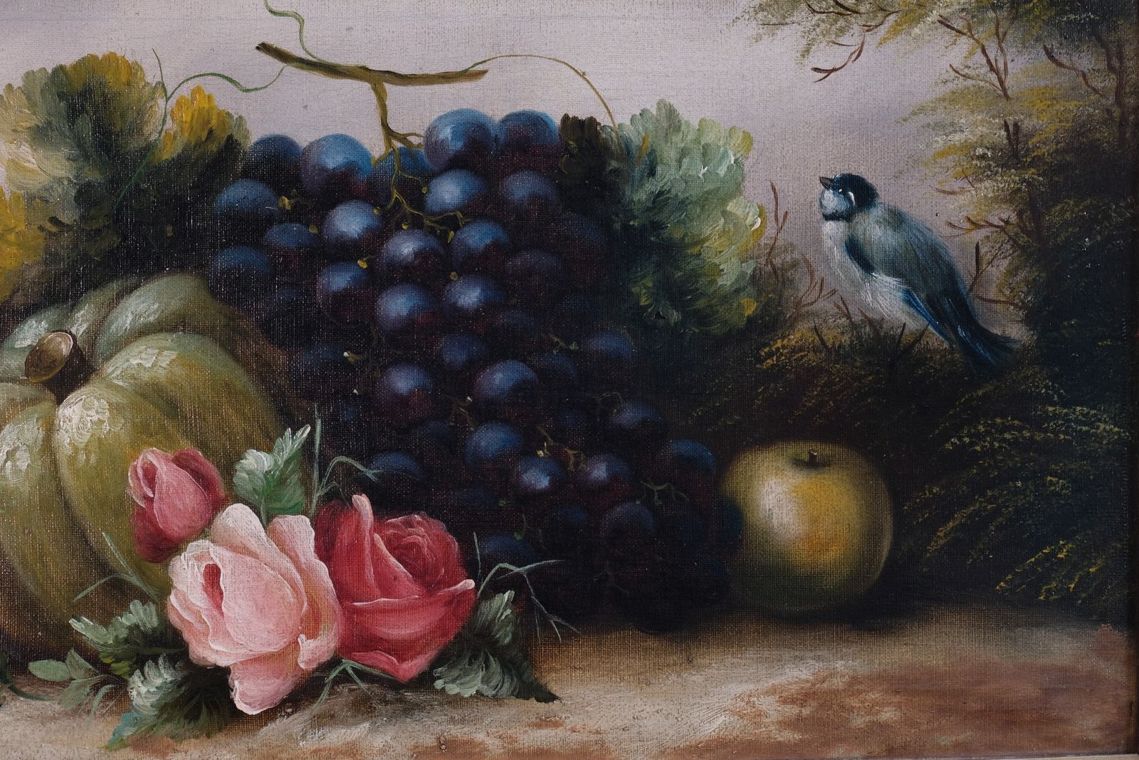 Still Life Oil Painting Of Fruit Flowers And A Blue Tit   Circa 1880s photo Art