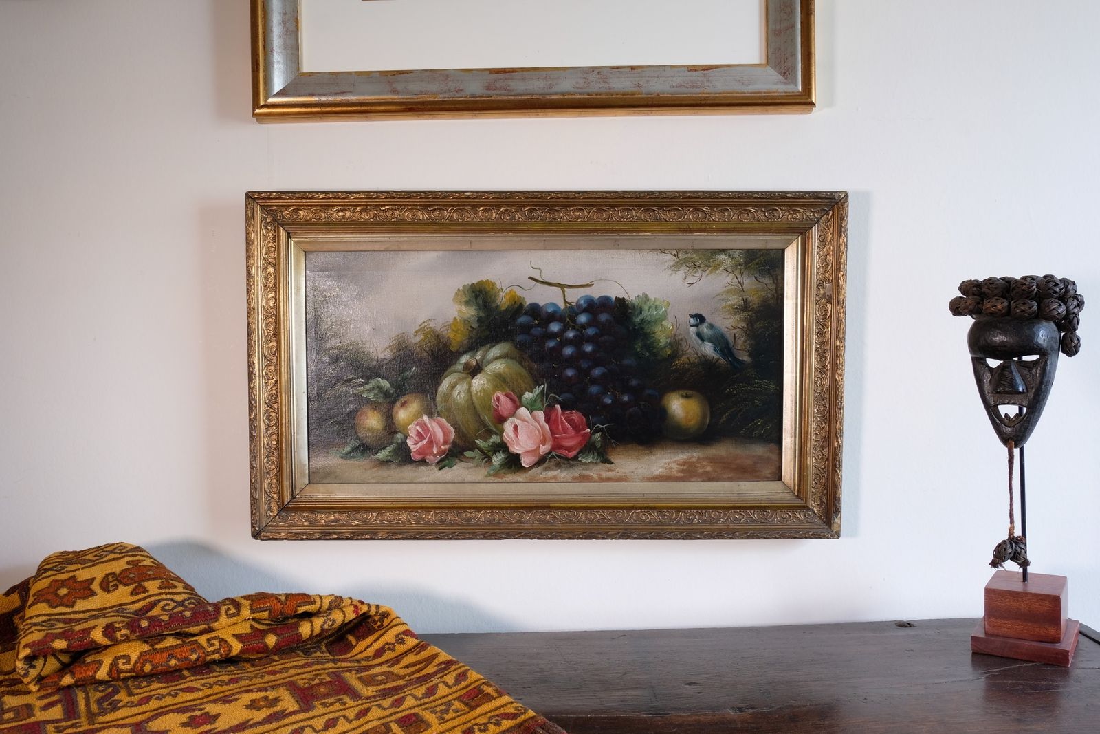 Still Life Oil Painting Of Fruit Flowers And A Blue Tit   Circa 1880s