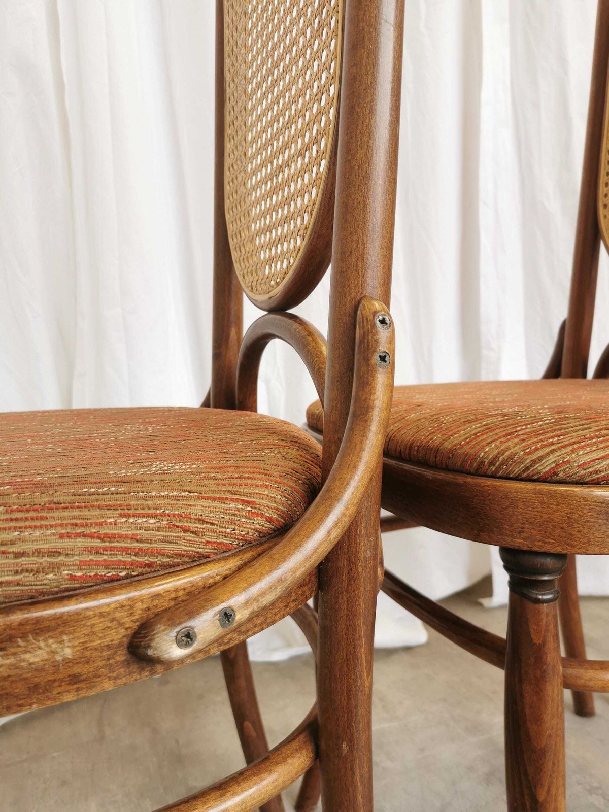 1 Of 4 Vintage High Backrest Dining Chairs / 1970s Thonet Style Bentwood Dine Chairs / Cane Back Fabric Seat / Mid Century Wooden Chairs photo for sale
