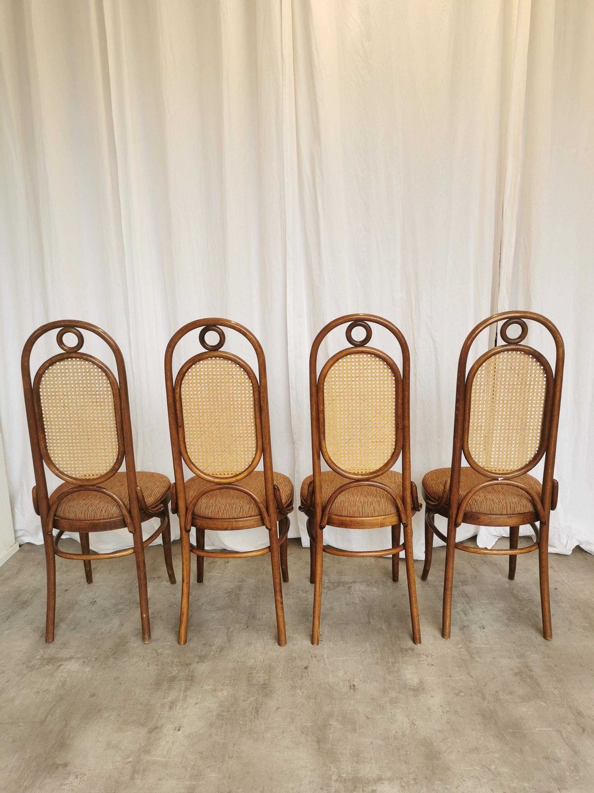 photo furniture 1 Of 4 Vintage High Backrest Dining Chairs / 1970s Thonet Style Bentwood Dine Chairs / Cane Back Fabric Seat / Mid Century Wooden Chairs