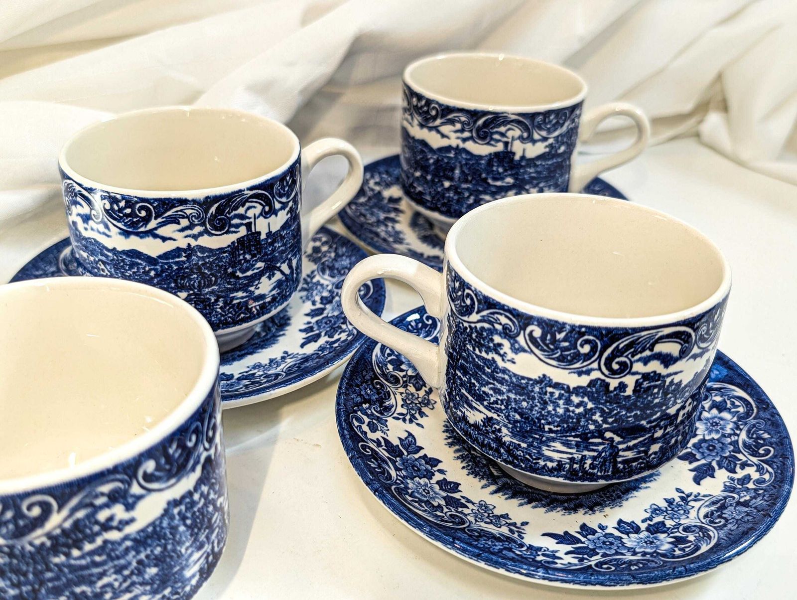 photo for sale James Broadhurst Blue Transferware Ironstone Set Of 5 Tea Cups & Saucer Est. 1847. Made In England Blue And White, Country Cottage Core Chic