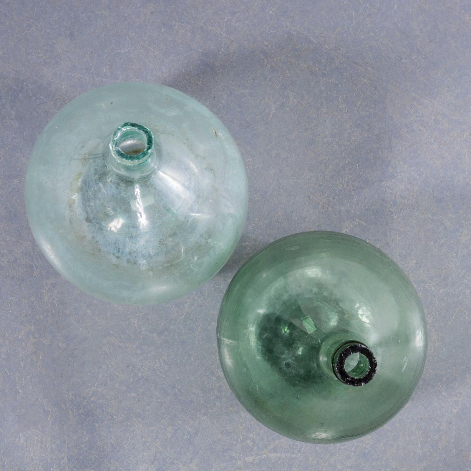 Vintage French Round Clear Blue & Green Glass Demijohns – Pair photo Home Decor