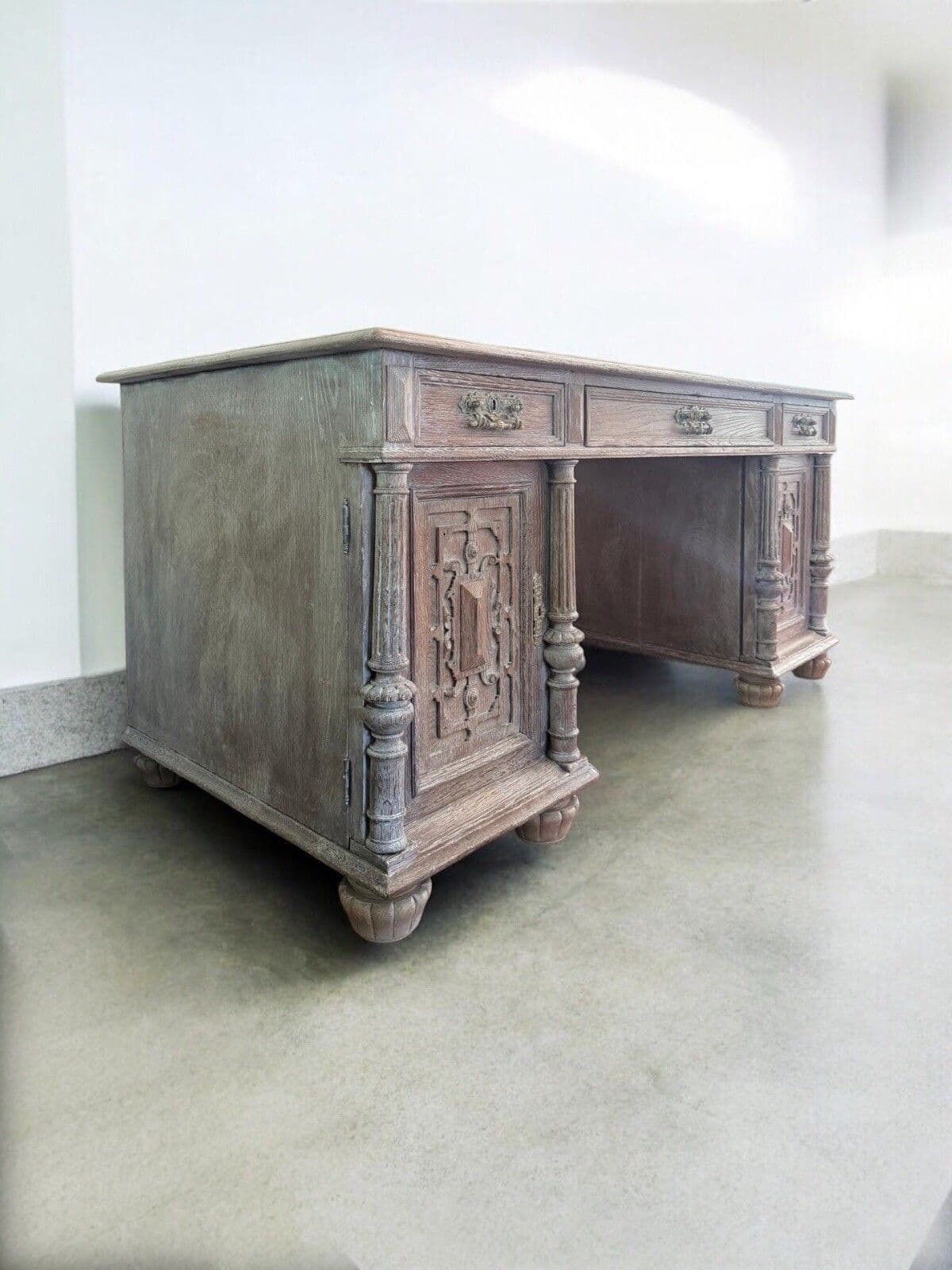 Antique Ornate Dutch Oak Lime Waxed Pedestal Kneehole Desk photo furniture