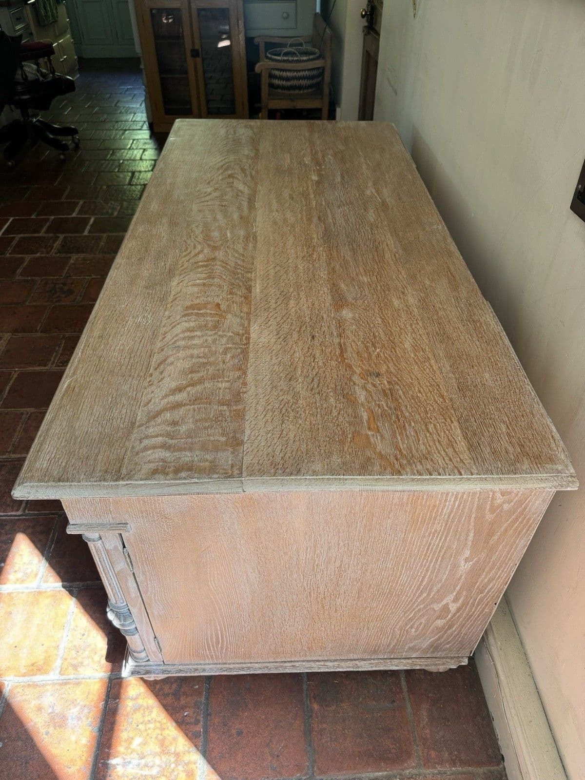 Antique Ornate Dutch Oak Lime Waxed Pedestal Kneehole Desk photo vinterior