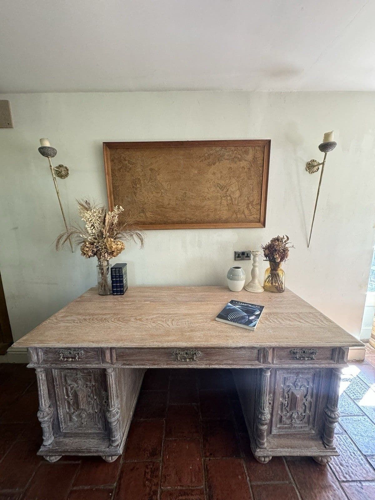 photo buy Antique Ornate Dutch Oak Lime Waxed Pedestal Kneehole Desk