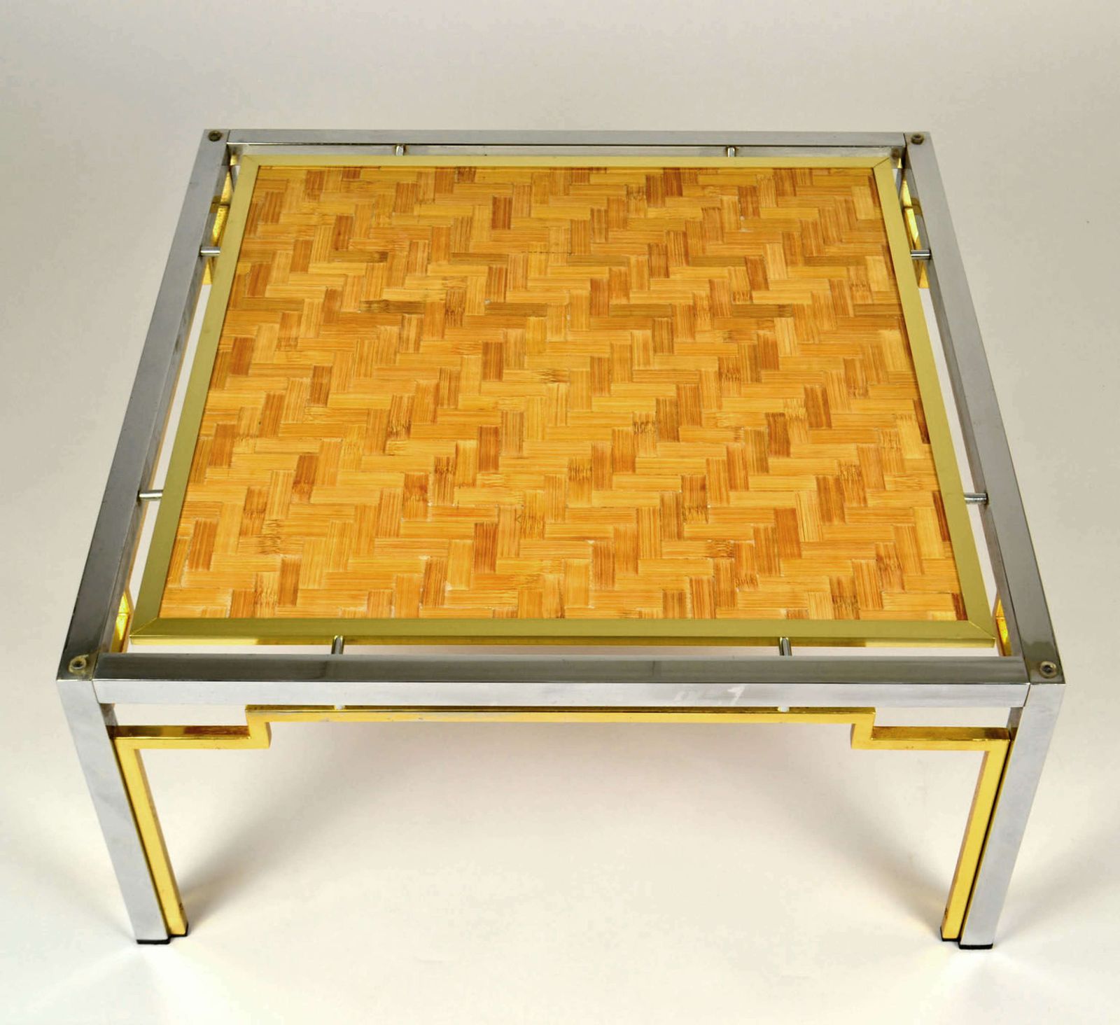Pair Of Italian Coffee Tables Bamboo Top, Chrome & Gilded Brass Frame photo furniture