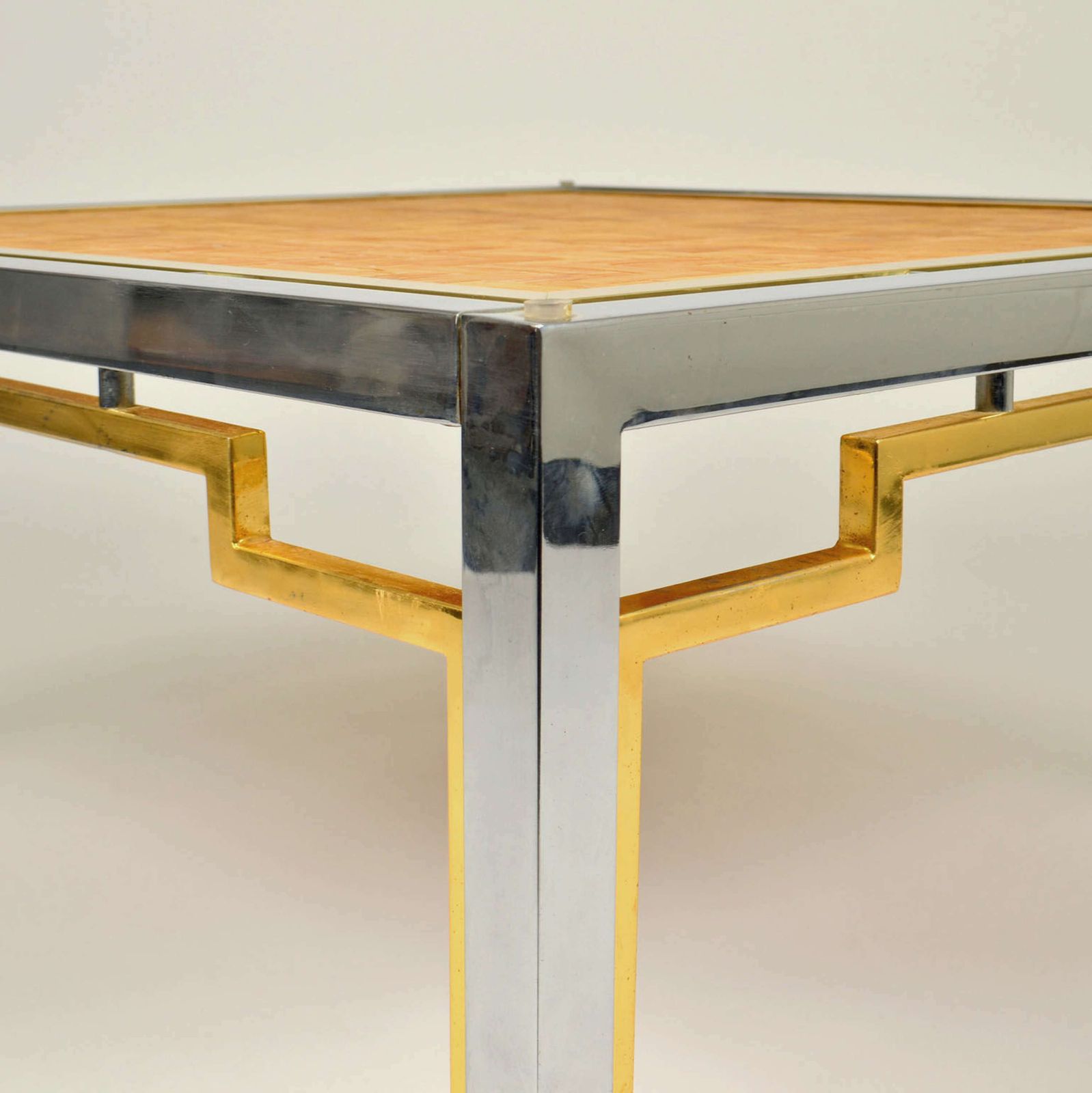 Pair Of Italian Coffee Tables Bamboo Top, Chrome & Gilded Brass Frame photo vintage
