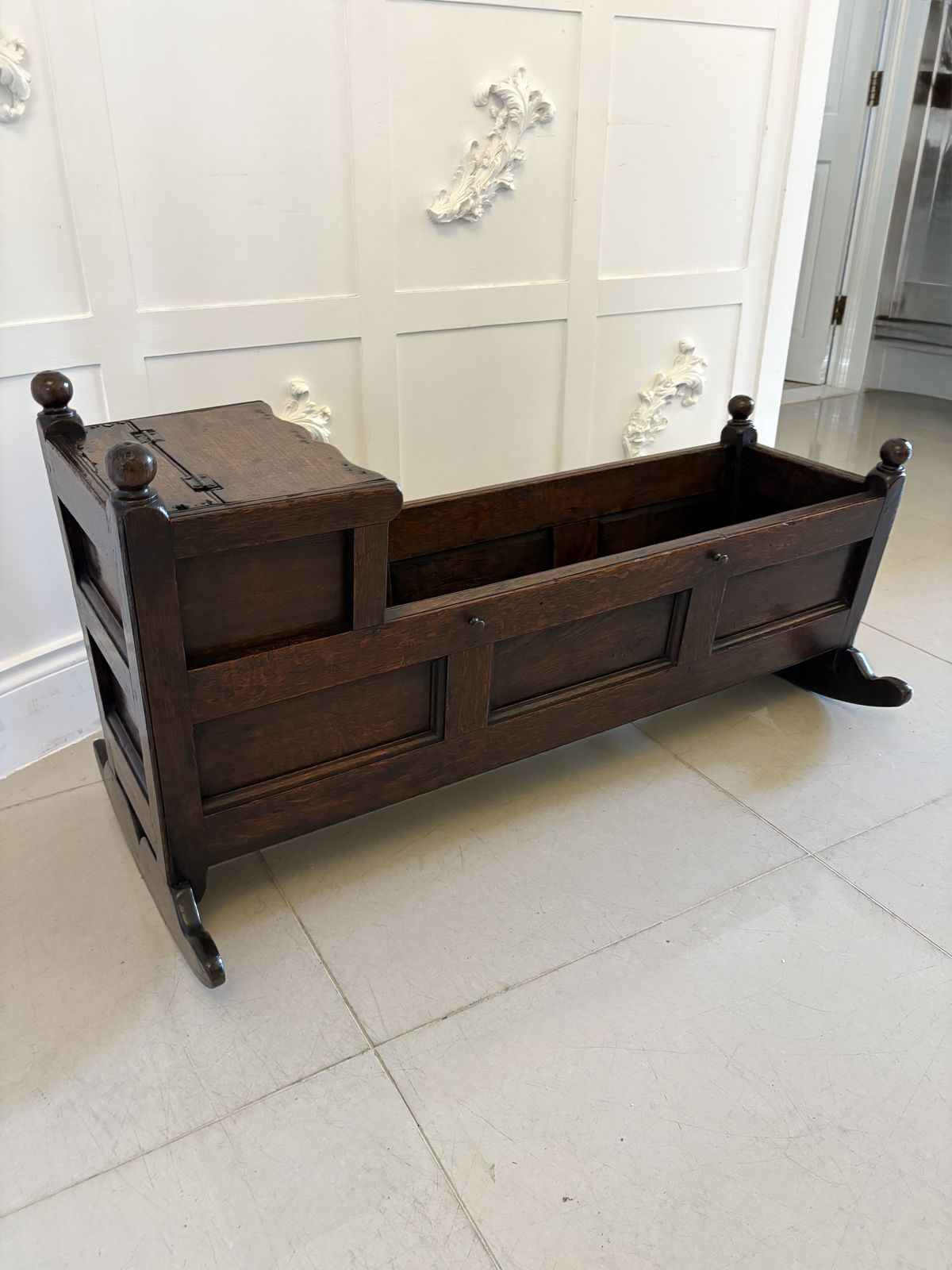 Antique William And Mary Quality Oak Panelled Rocking Crib photo for sale