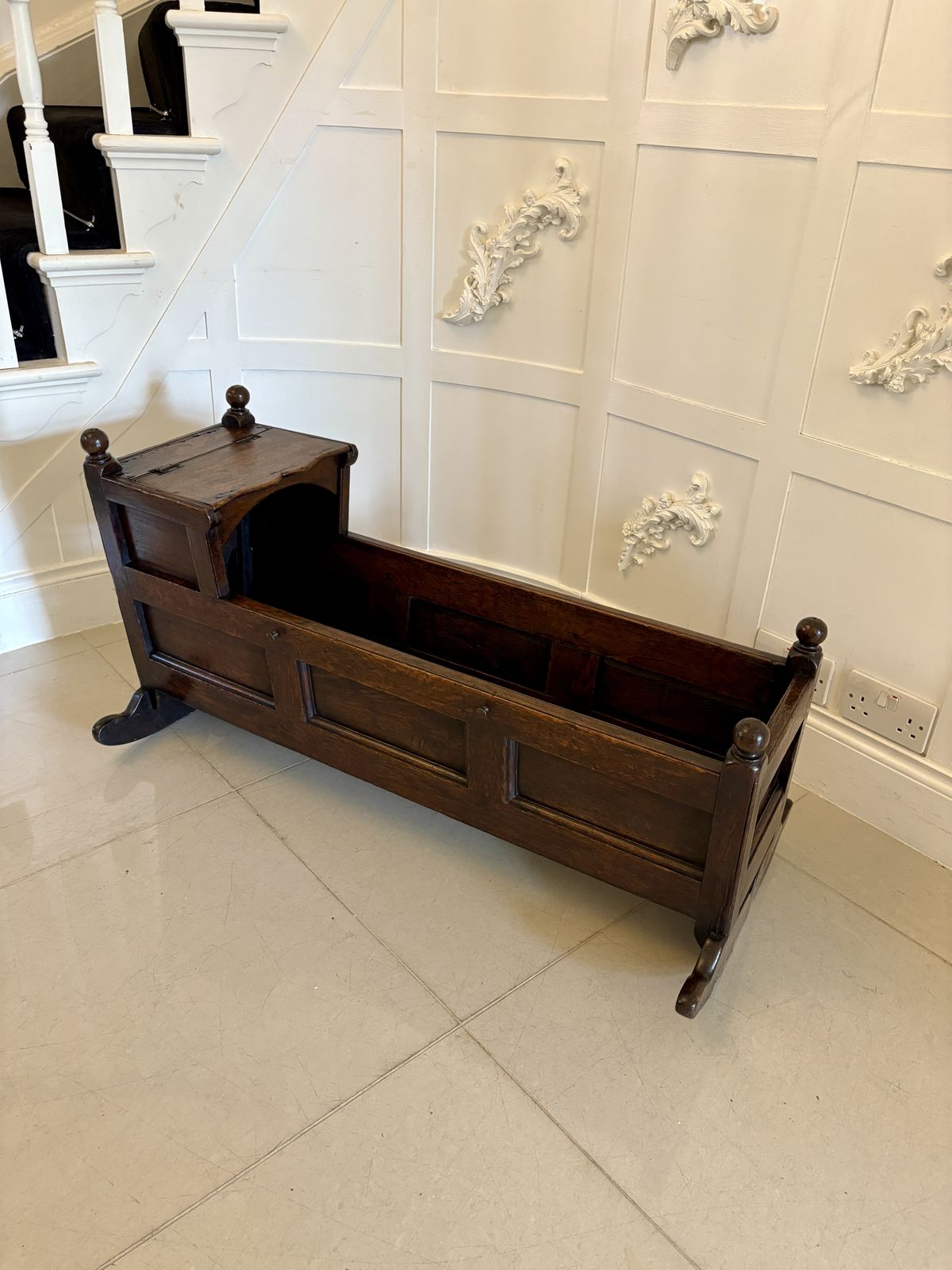 Antique William And Mary Quality Oak Panelled Rocking Crib