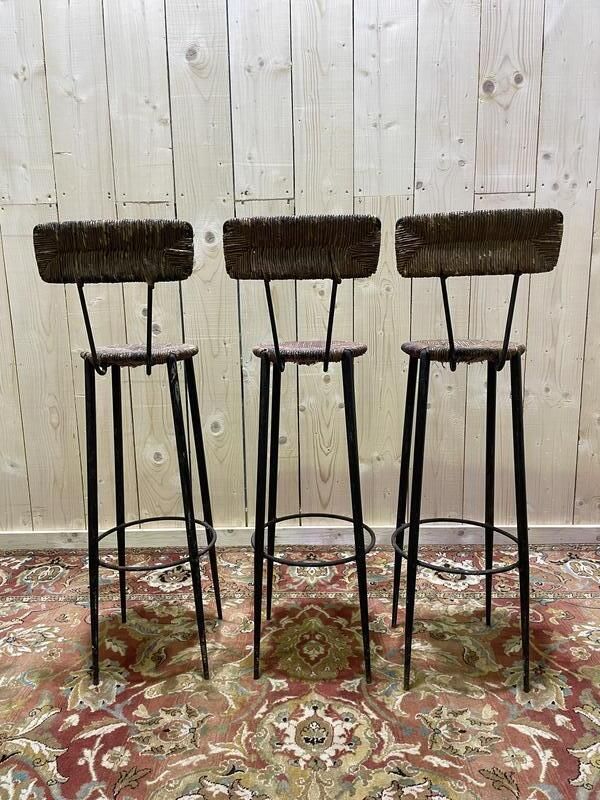 Suite De 3 Tabourets De Bar En Acier Et Paillés photo vinterior