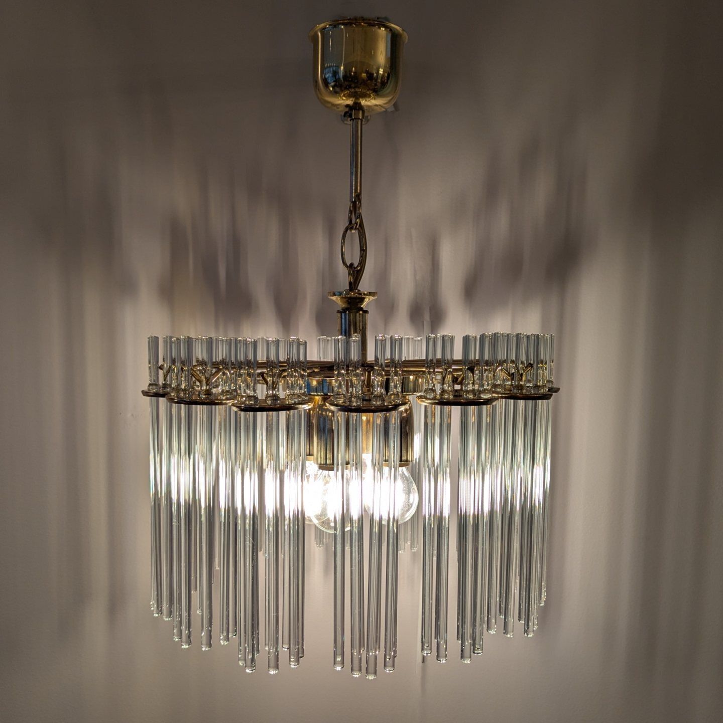Mid 20th Century Brass & Glass Rod Chandelier By Honsel Leuchten