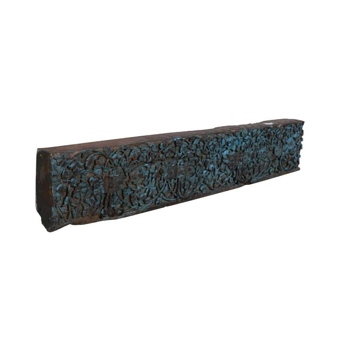 Antique Teal Carved Coat Hook Panel | Indian Teak Wall Rack | 19thc Rajasthan | Rustic Hallway Decor