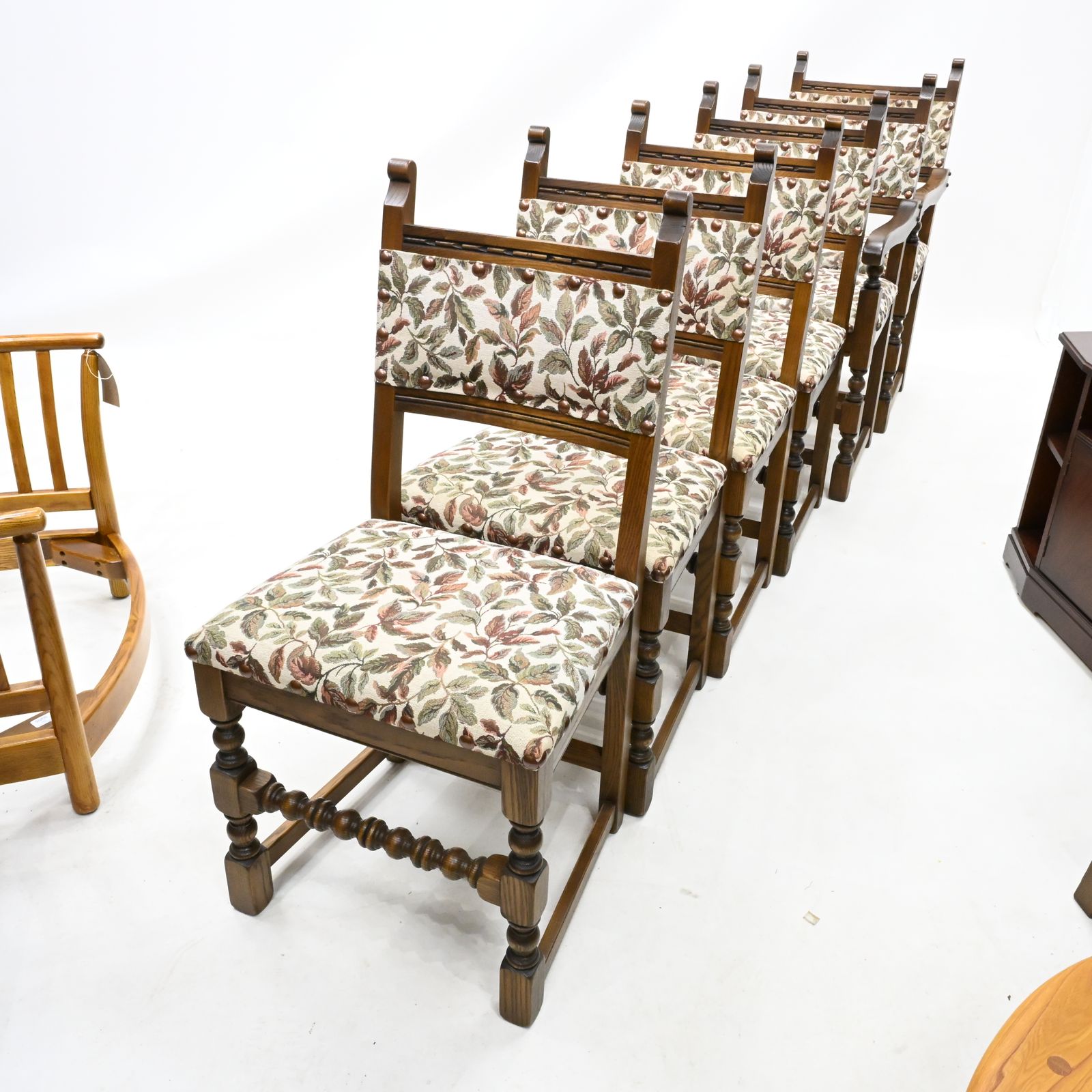 6 Old Charm Dining Chairs Light Oak Studded Upholstery 2 Carver Free Uk Delivery photo furniture
