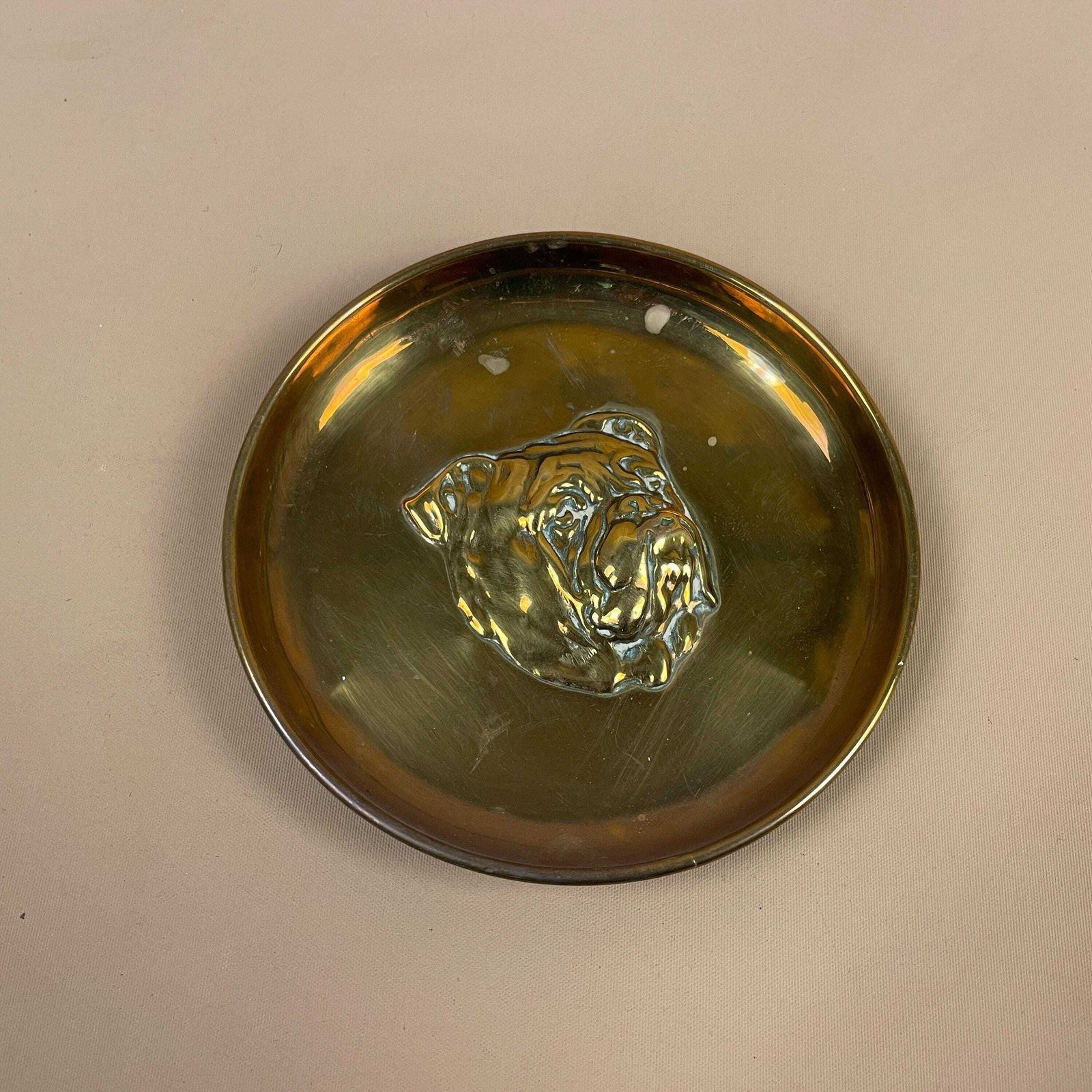 Vintage Decorative Gold Brass Bowl Bulldog Dog Trinket Key Dish Holder Round Display Old Aged Metal Puppy Face