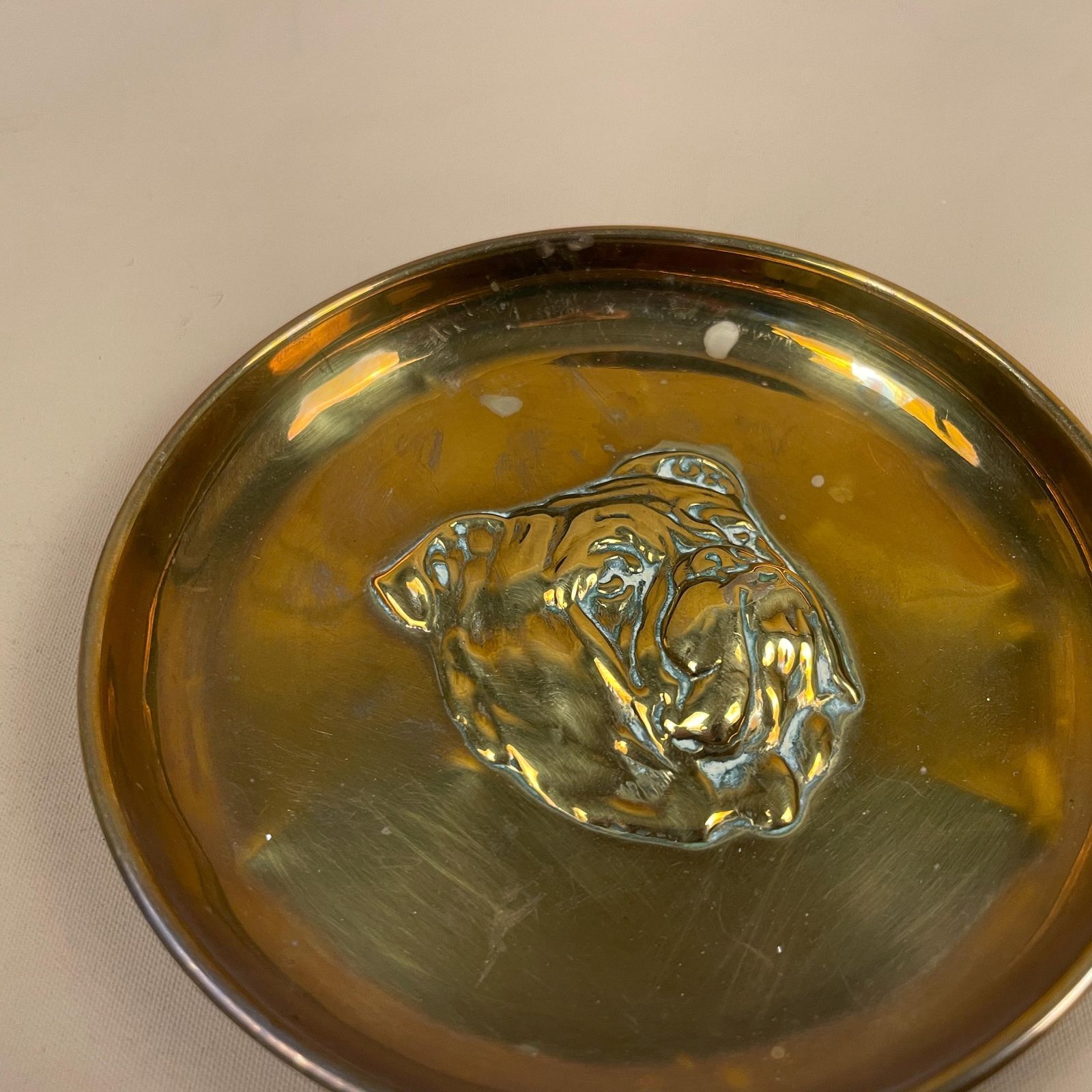 Vintage Decorative Gold Brass Bowl Bulldog Dog Trinket Key Dish Holder Round Display Old Aged Metal Puppy Face photo for sale