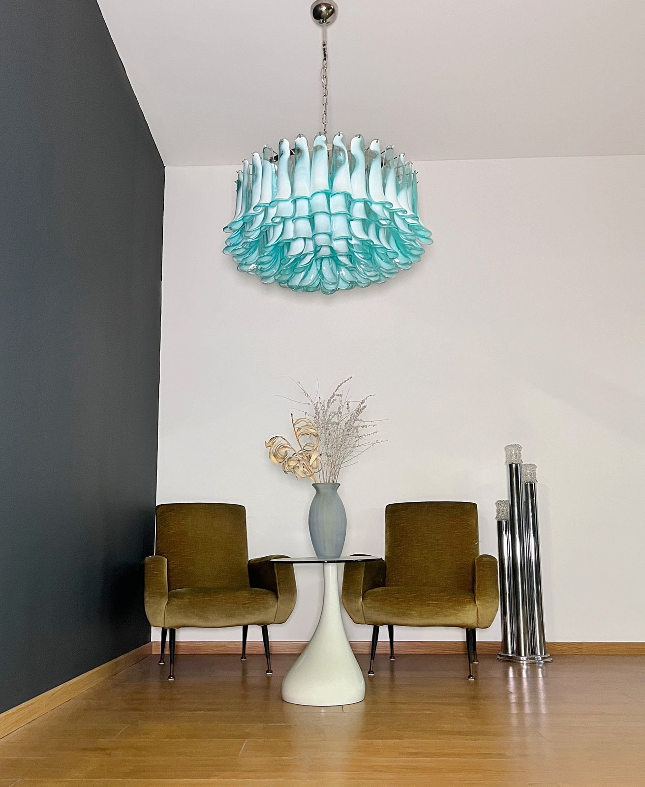 Large Murano Glass Chandelier  101 Turquoise Lattimo Glass Petal photo furniture