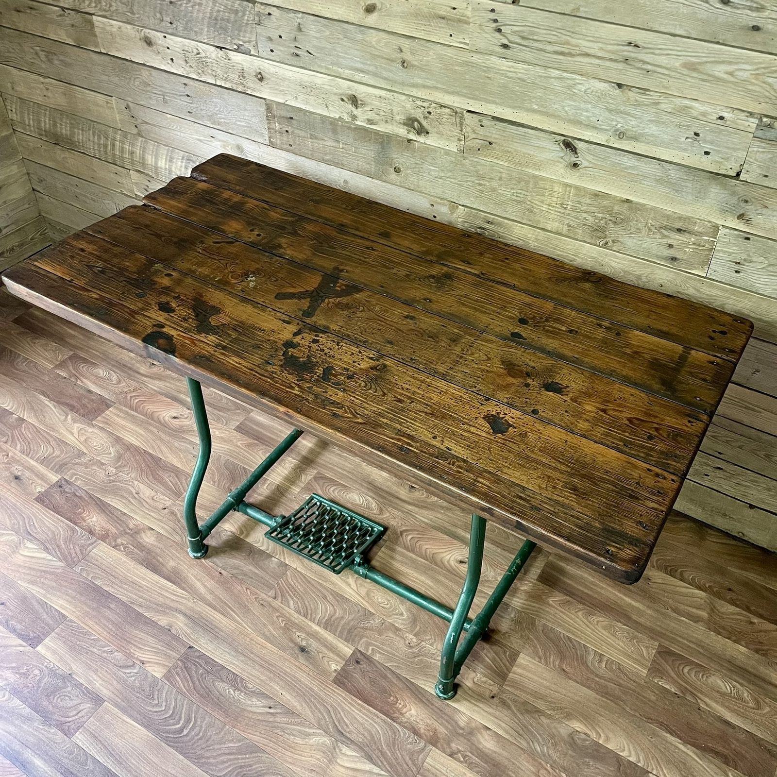 Vintage 1940's Industrial Metal Frame Air Ministry Rustic Plank Table Desk photo for sale