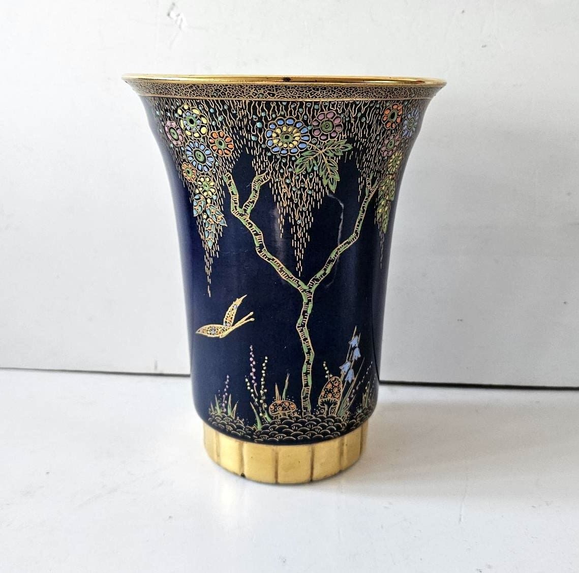 Crown Devon Art Deco Vase Enamel Tree And Butterfly On Royal Blue Lustre photo 330.0