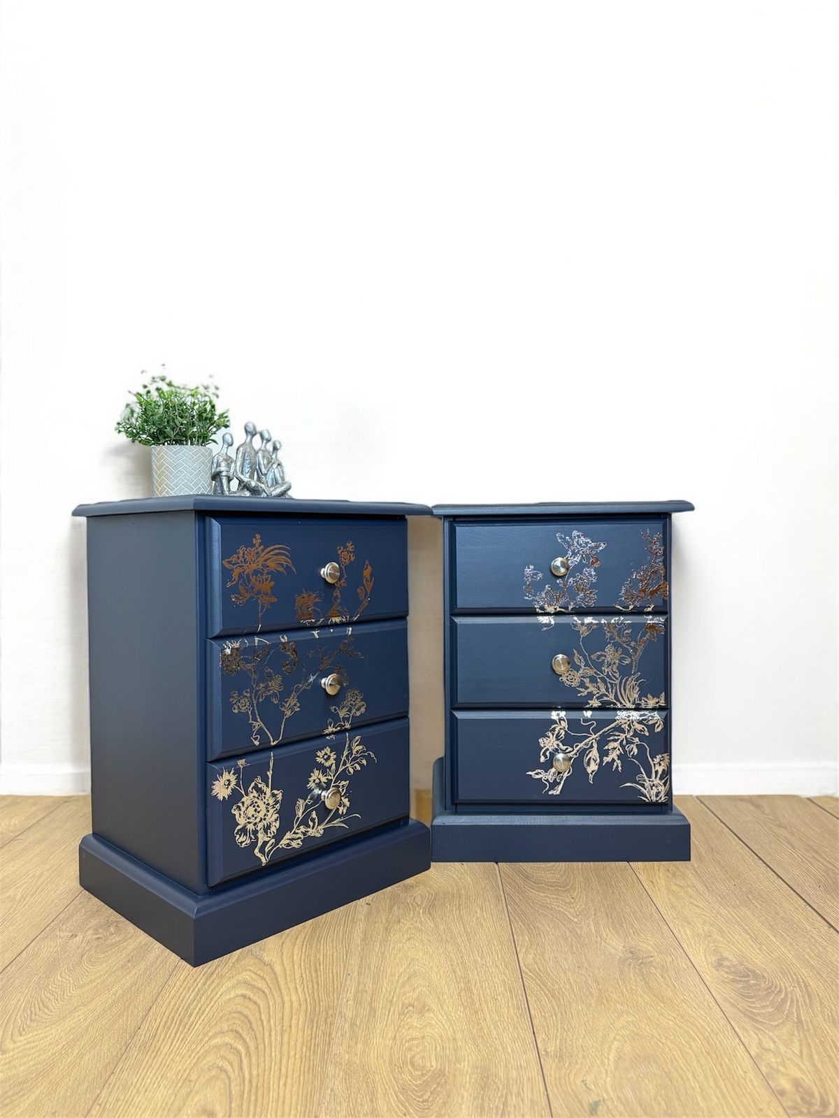 Refurbished Navy Blue And Silver 3 Drawer Bedside Tables, Refinished Pine Nightstands, Floral, Bedroom Furniture, Chrome