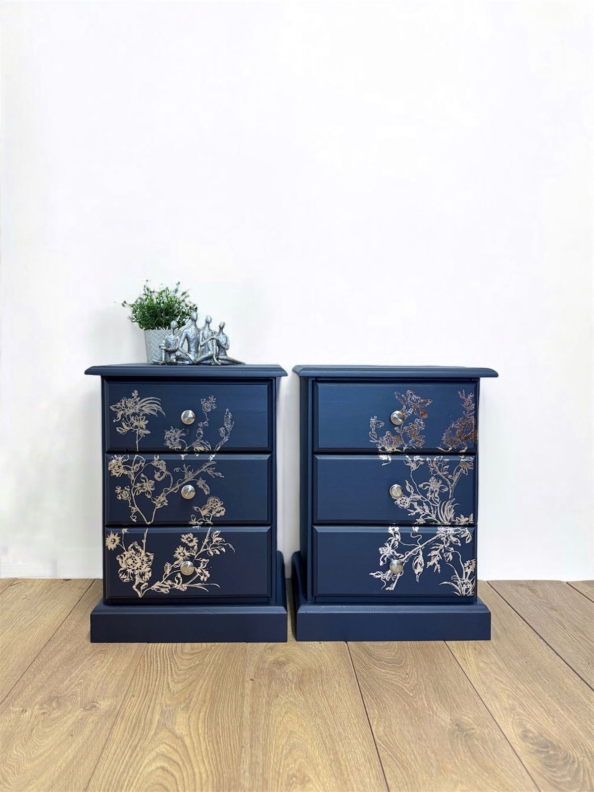 Refurbished Navy Blue And Silver 3 Drawer Bedside Tables, Refinished Pine Nightstands, Floral, Bedroom Furniture, Chrome photo 565.0