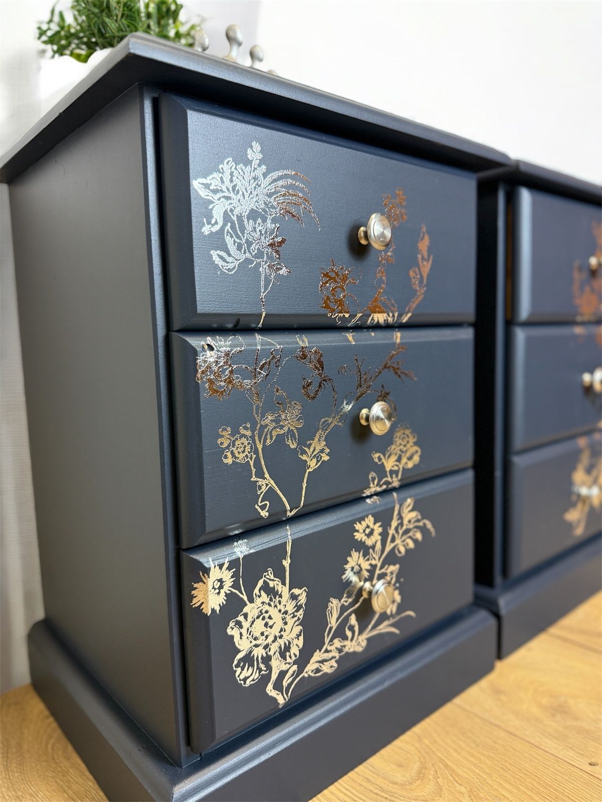 Refurbished Navy Blue And Silver 3 Drawer Bedside Tables, Refinished Pine Nightstands, Floral, Bedroom Furniture, Chrome photo vintage