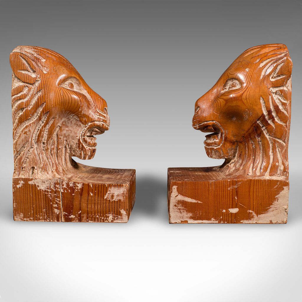Pair Of Antique Carved Lion Bookends, English Pine, Georgian Revival, Edwardian photo for sale