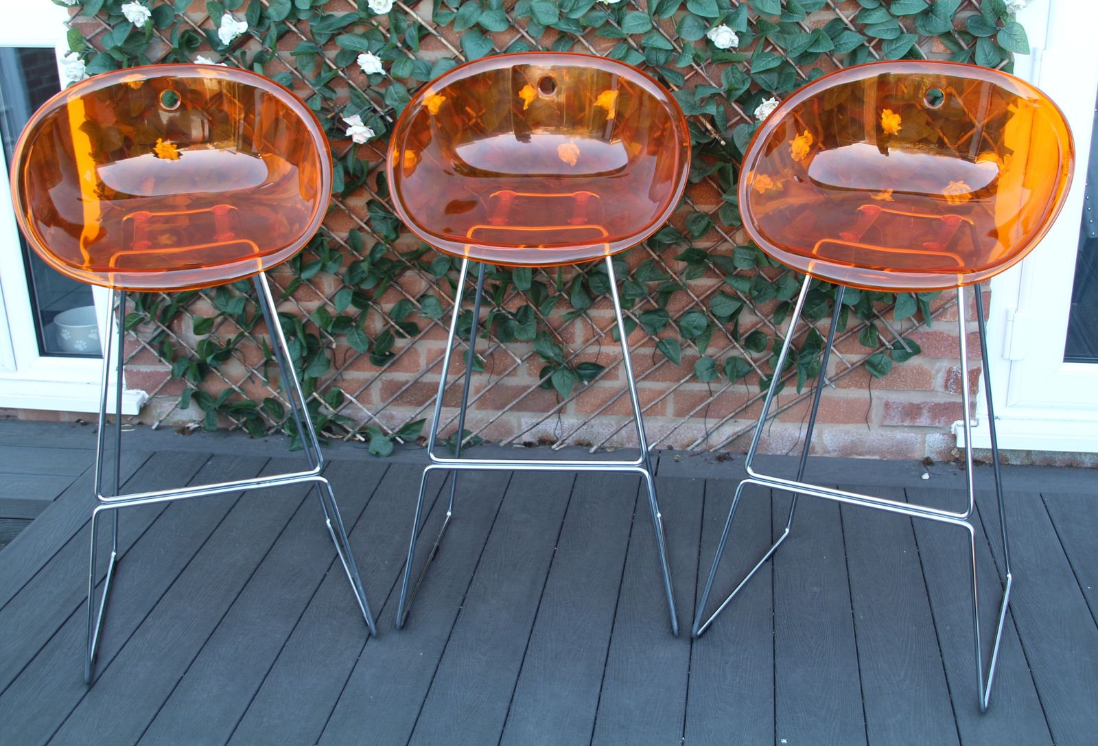 3 Pedrali Gliss Designer Stools. Italian Translucent Orange Bar Stools. photo 250.0