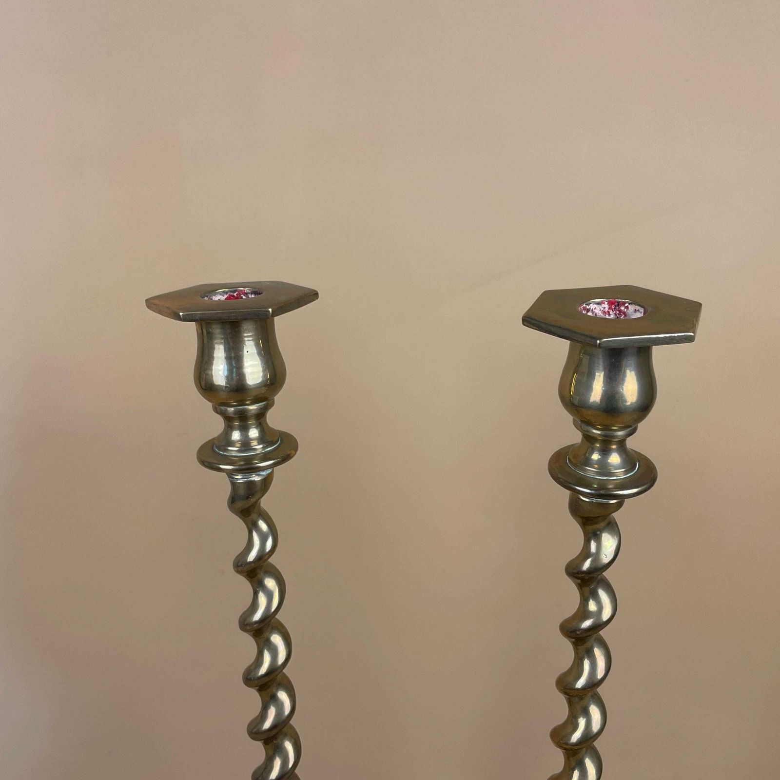 Antique Matching Pair Of Indian Asian Gold Brass Metal Candlestick Candle Stick Vintage Column Taper Dinner Candlesticks Twisted Twist Large photo for sale